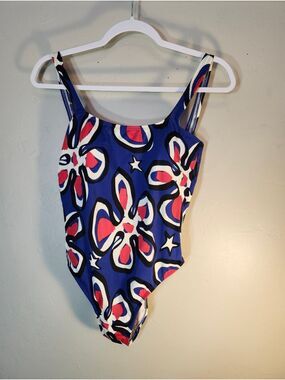 Navy Floral-Print One-Piece Swimsuit with Red Accents